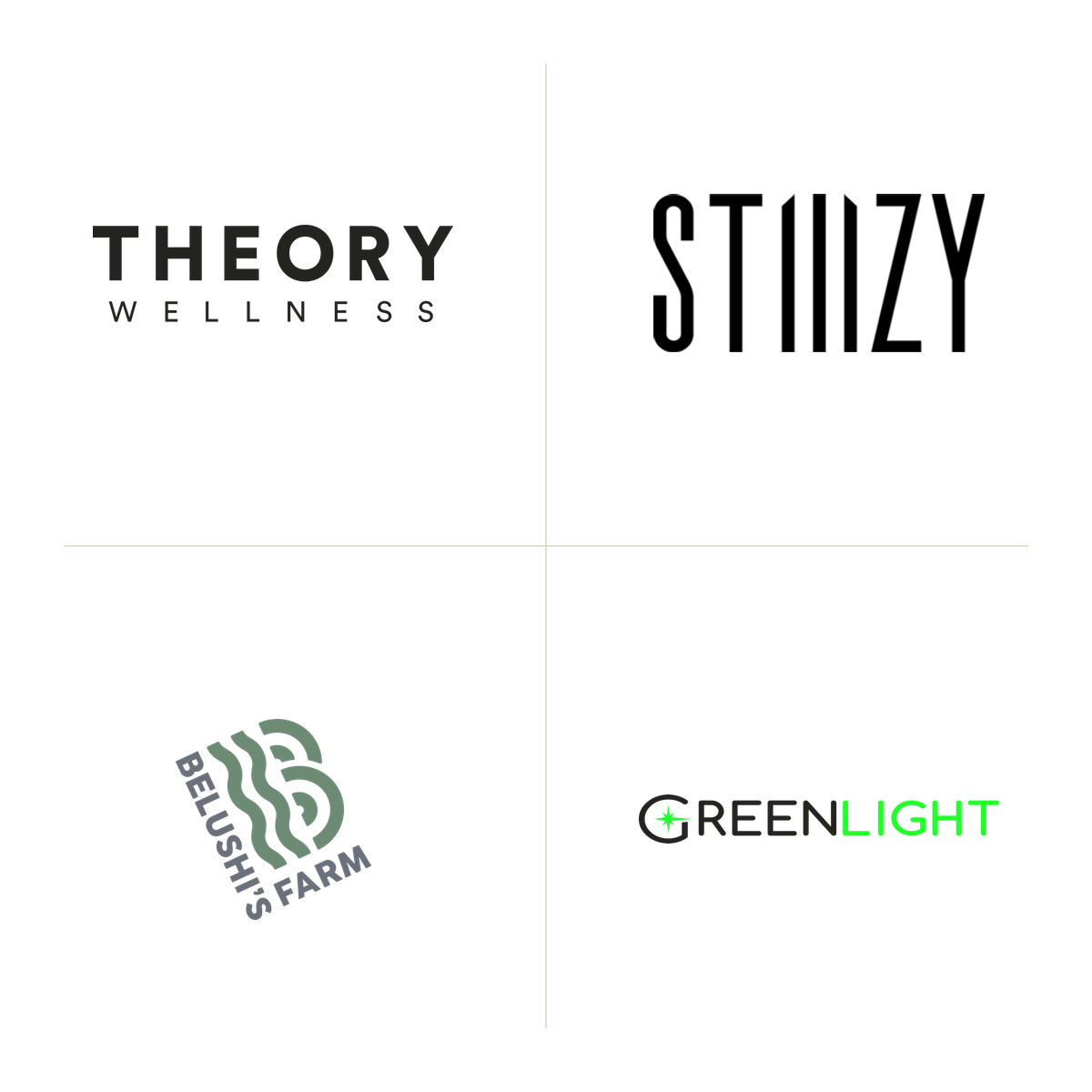 Logos of four notable winners of the 22 new Florida MMTC licenses: Theory Wellness, STIIIZY, Belushi's Farm Florida, and Greenlight